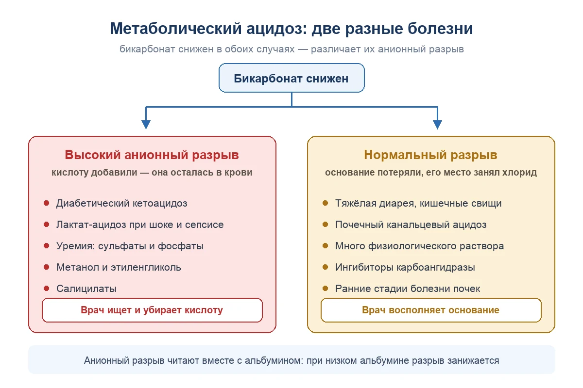 Схема: метаболический ацидоз делится на два варианта. Слева — высокий анионный разрыв, бикарбонат вытеснен неизмеряемой кислотой: кетокислоты, лактат, уремические анионы, метанол и этиленгликоль, салицилаты. Справа — нормальный анионный разрыв, гиперхлоремический вариант, бикарбонат потерян наружу и замещён хлоридом: диарея и кишечные свищи, почечный канальцевый ацидоз, большие объёмы физиологического раствора, ингибиторы карбоангидразы. Внизу показано, что в первом случае врач ищет и убирает кислоту, а во втором восполняет потерю основания
